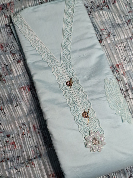 Sky Blue Colour Lace work Unstitched Suit Fabric with Printed Dupatta
