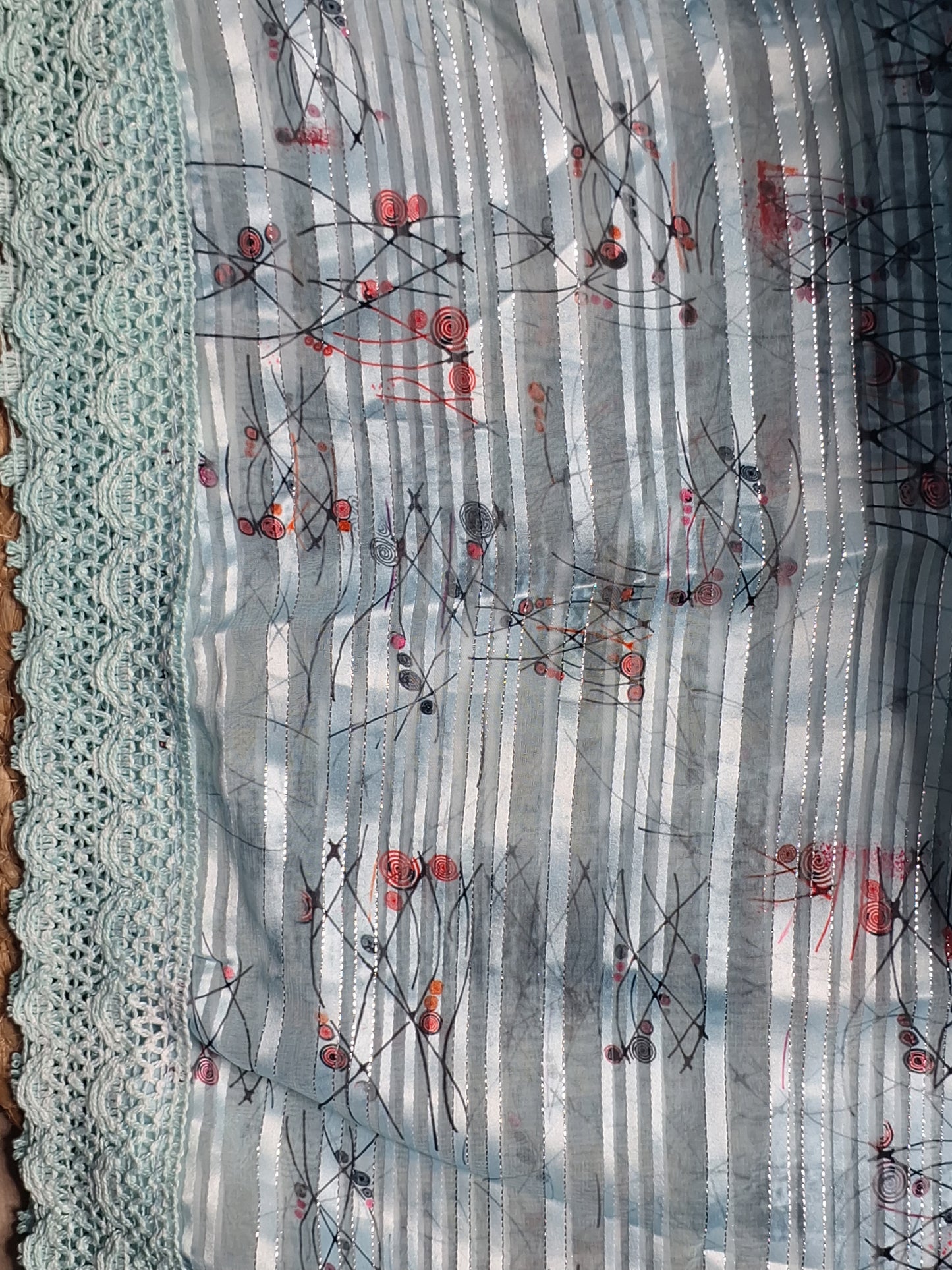 Sky Blue Colour Lace work Unstitched Suit Fabric with Printed Dupatta