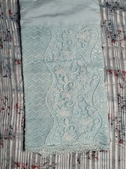 Sky Blue Colour Lace work Unstitched Suit Fabric with Printed Dupatta
