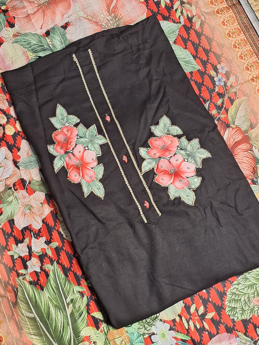 Black Colour Digital Print Unstitched Suit Rayon Fabric with Printed Dupatta