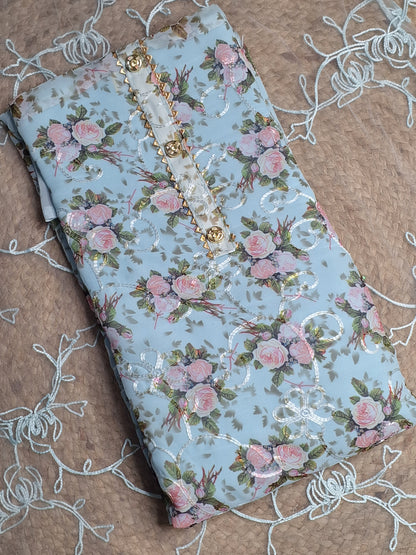 Sea Blue Colour Digital Print Unstitched Suit Organza Fabric with Dupatta