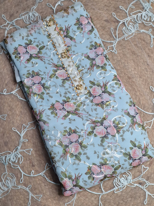 Sea Blue Colour Digital Print Unstitched Suit Organza Fabric with Dupatta