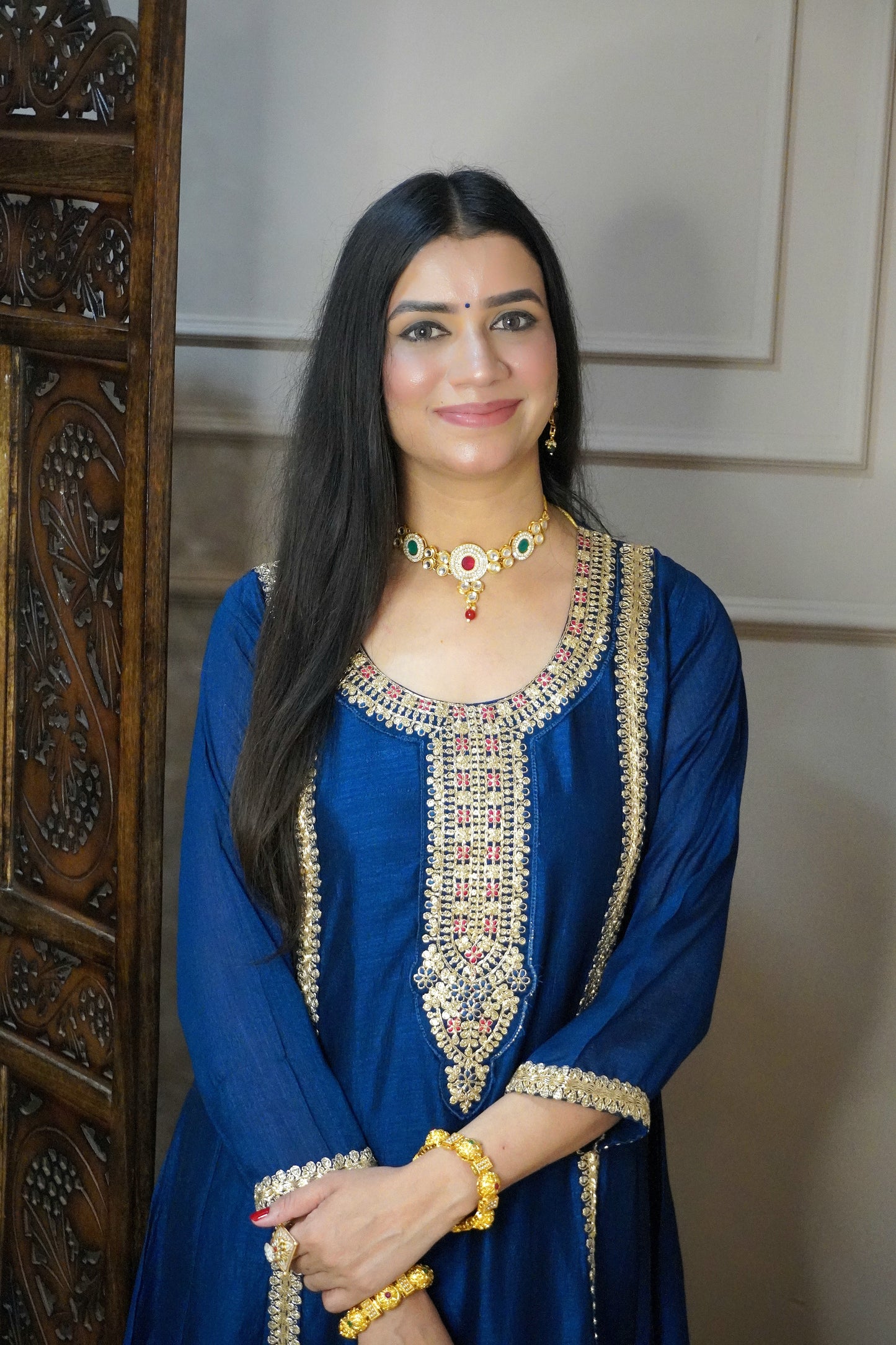 Women teal blue zari detail Anarkali kurta with pant & contrast zari dupatta
