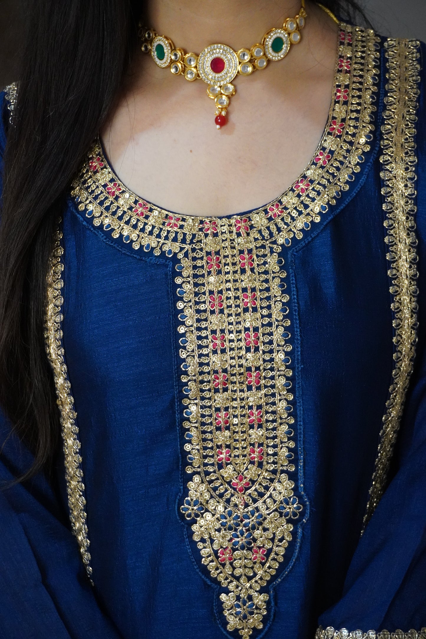 Women teal blue zari detail Anarkali kurta with pant & contrast zari dupatta