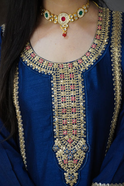 Women teal blue zari detail Anarkali kurta with pant & contrast zari dupatta
