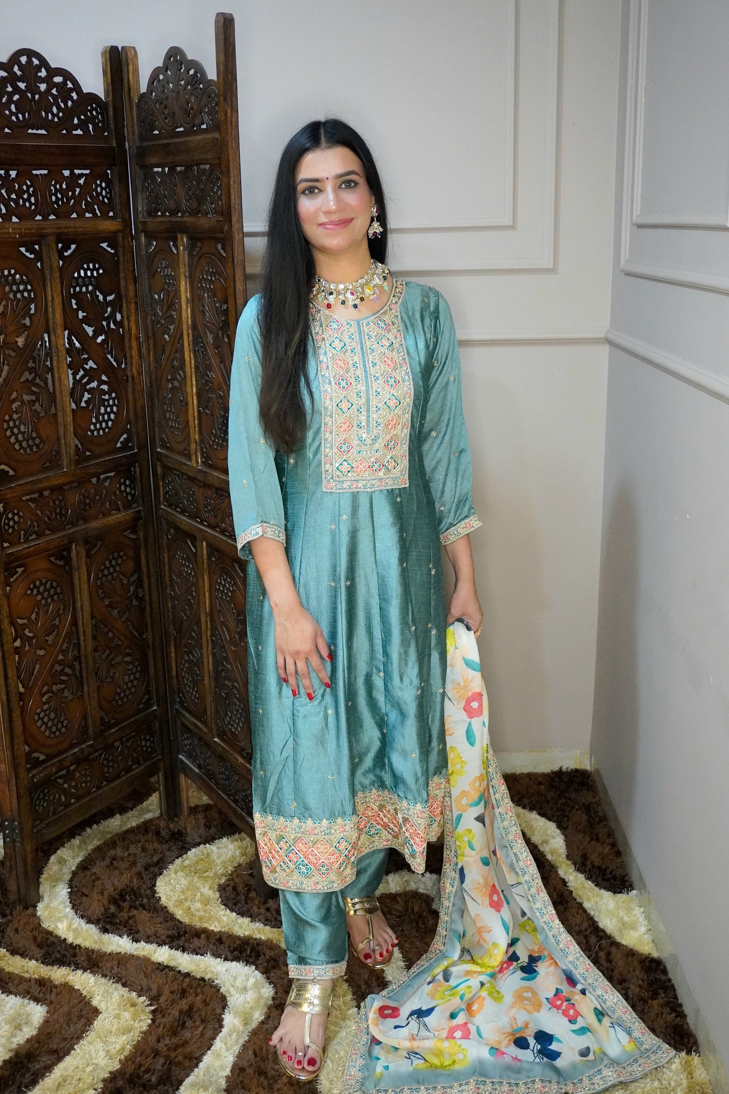 Women Mint Green zari detail Anarkali kurta with pant & with floral print dupatta