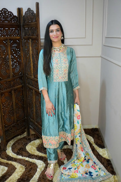 Women Mint Green zari detail Anarkali kurta with pant & with floral print dupatta