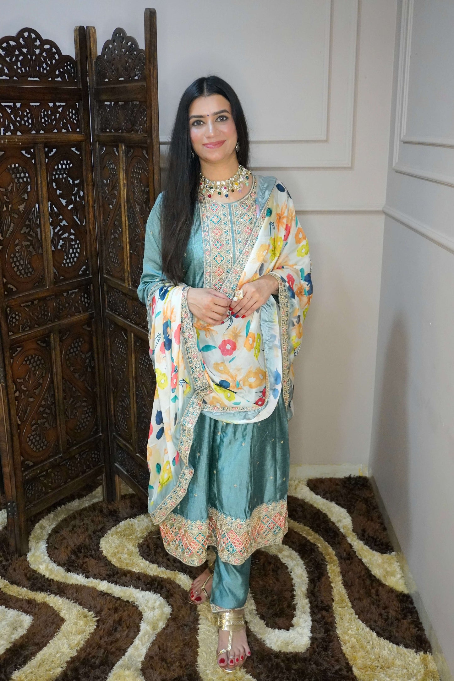 Women Mint Green zari detail Anarkali kurta with pant & with floral print dupatta