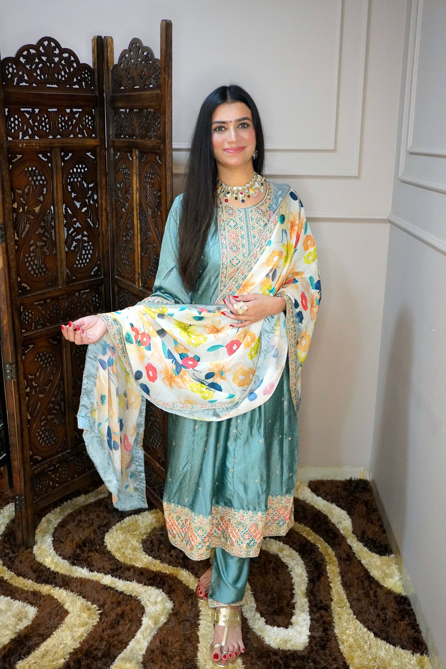 Women Mint Green zari detail Anarkali kurta with pant & with floral print dupatta