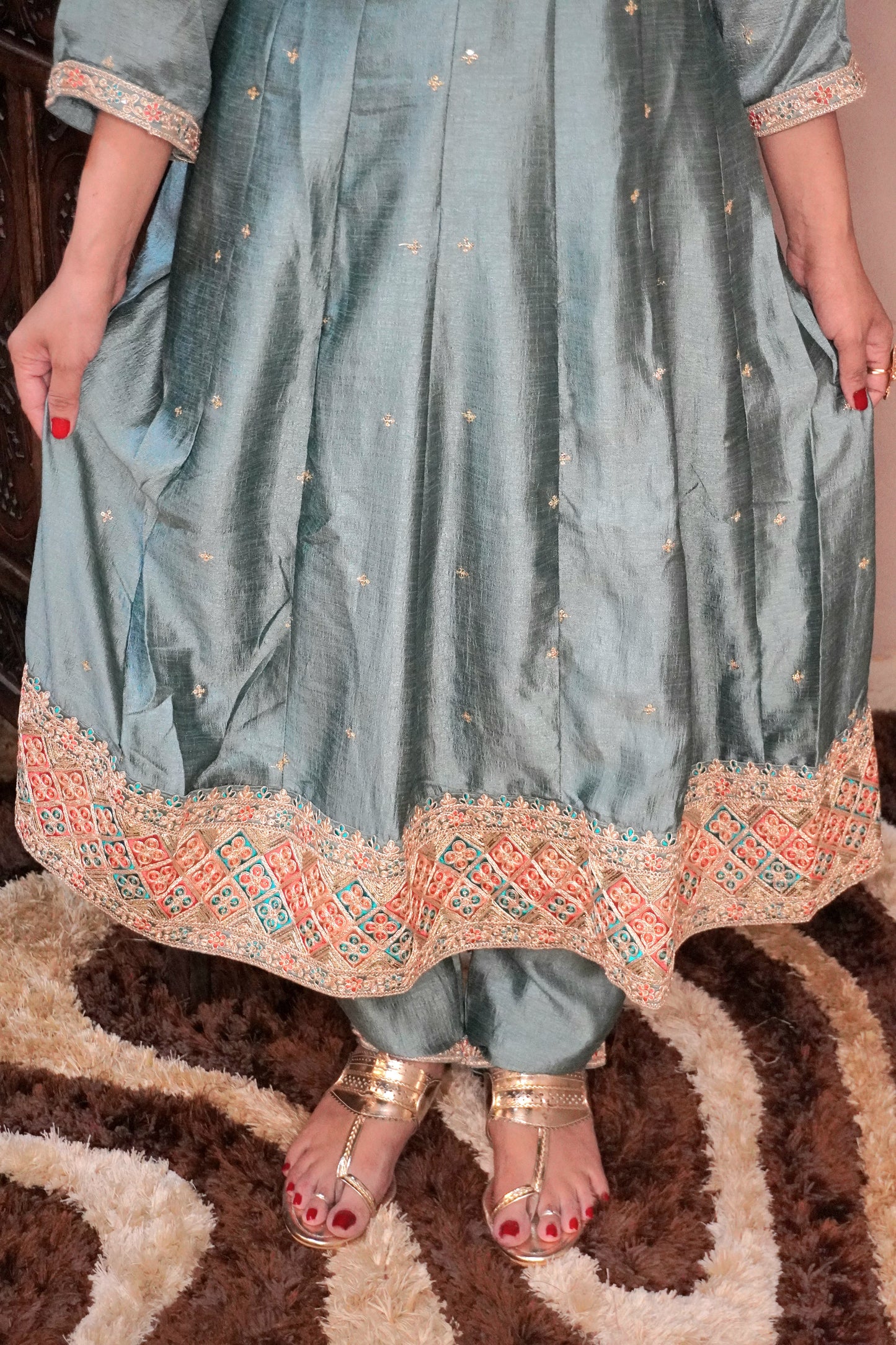Women Mint Green zari detail Anarkali kurta with pant & with floral print dupatta
