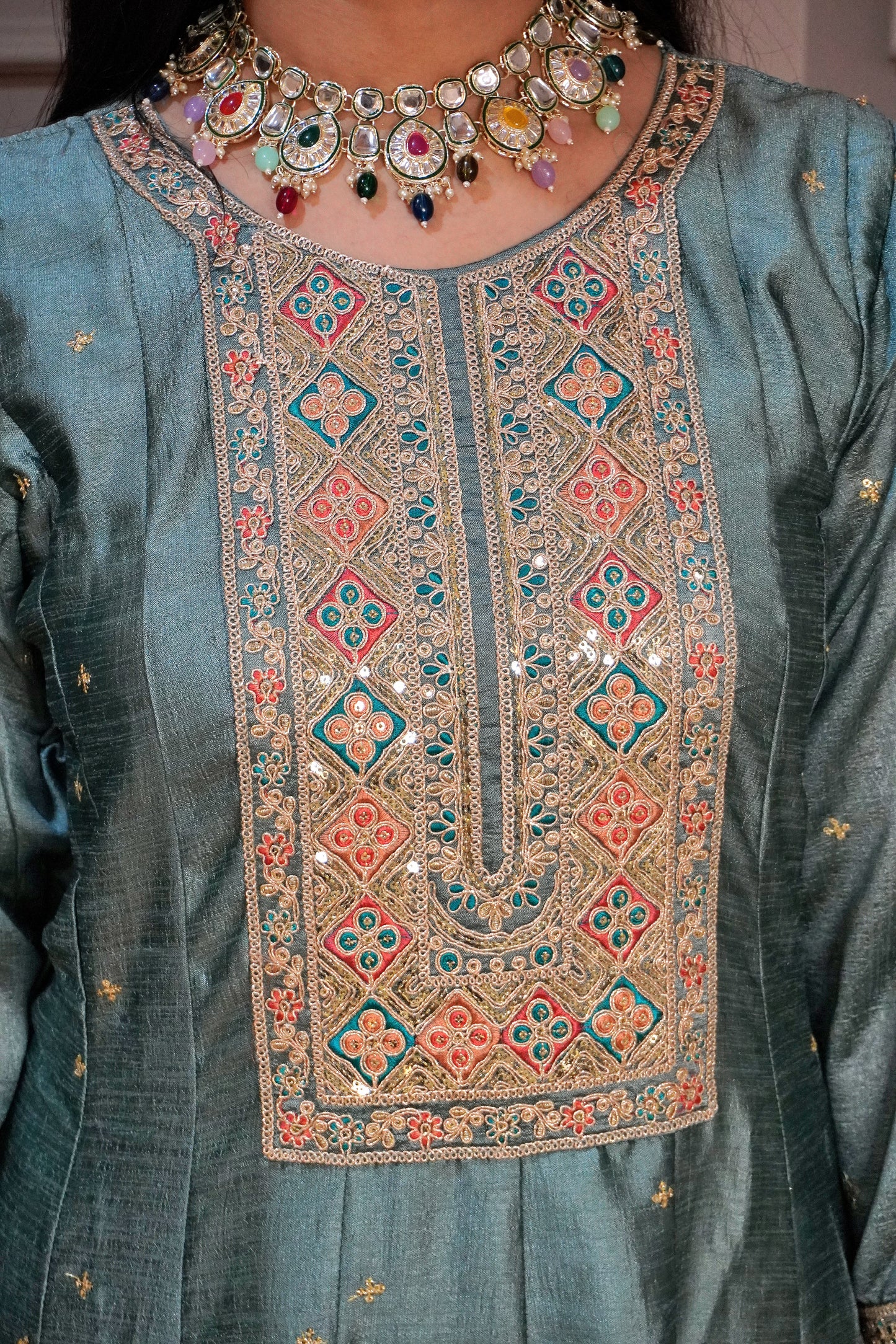Women Mint Green zari detail Anarkali kurta with pant & with floral print dupatta