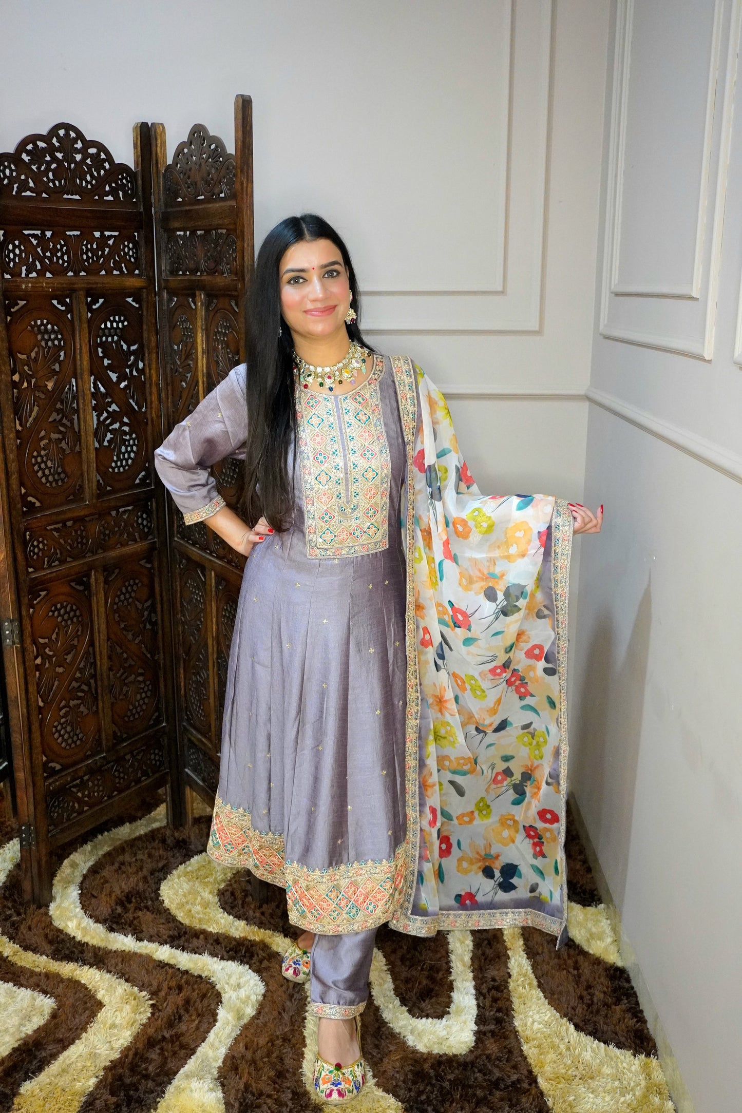 Women Mauve colour zari detail Anarkali kurta with pant & with floral print dupatta