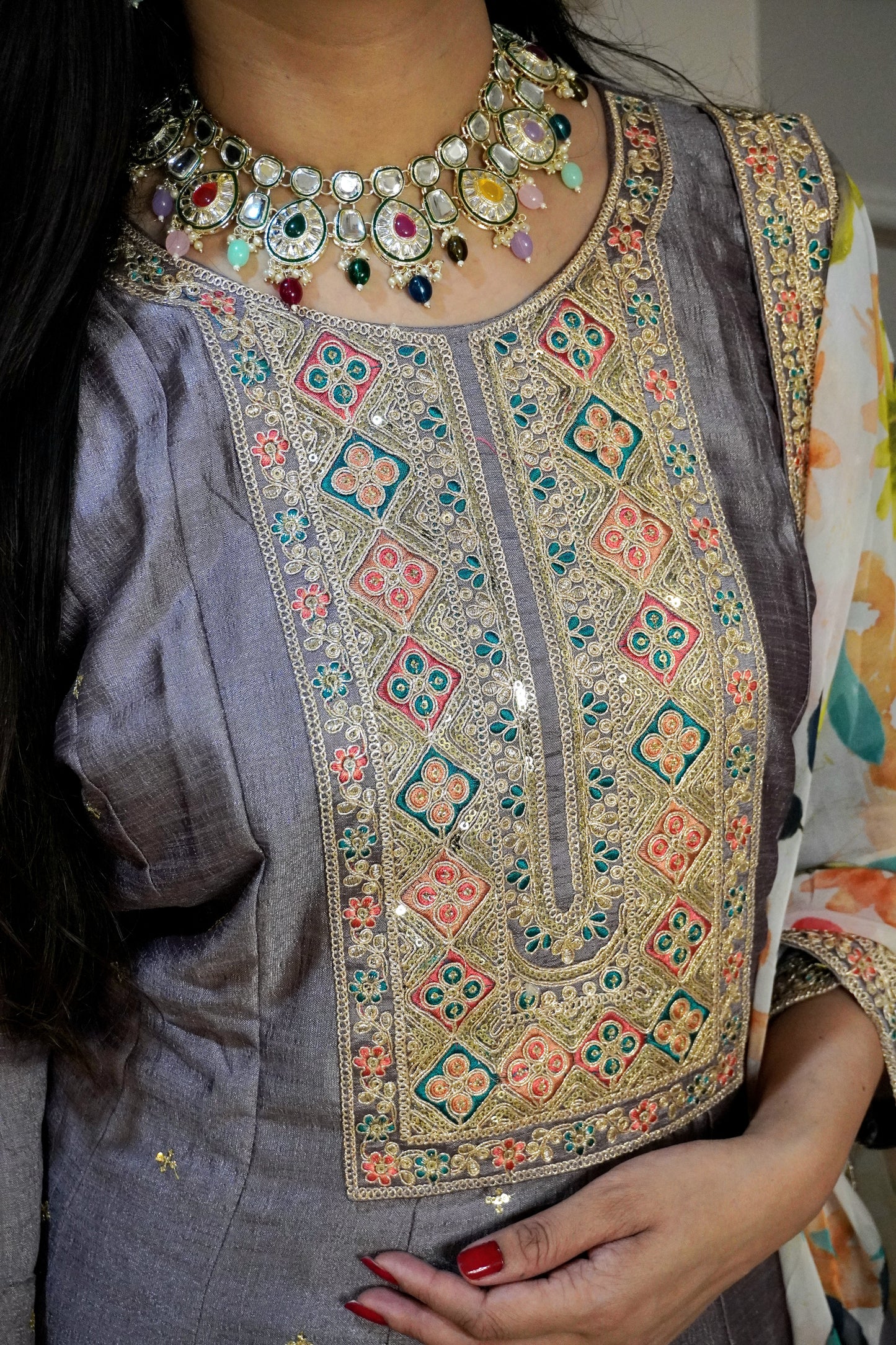 Women Mauve colour zari detail Anarkali kurta with pant & with floral print dupatta