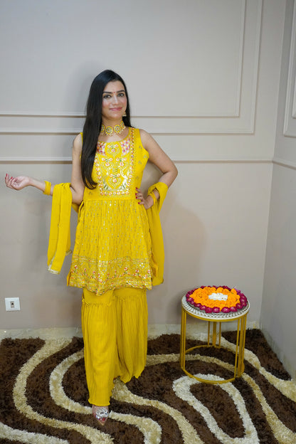 Yellow Colour Thread & Sequence Work Kurta with Sharara & Dupatta (Dress have 4 inch of margin both side for alteration as per customer need)