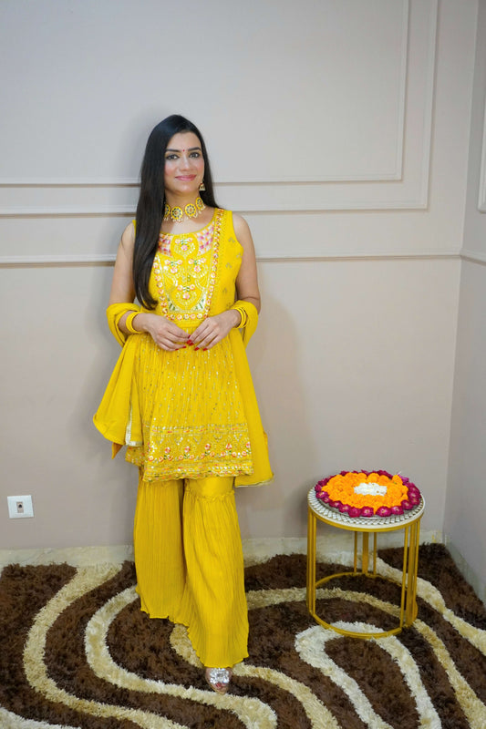 Yellow Colour Thread & Sequence Work Kurta with Sharara & Dupatta (Dress have 4 inch of margin both side for alteration as per customer need)