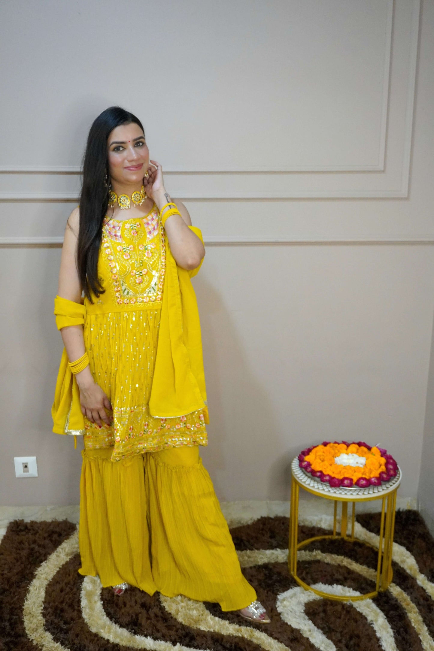 Yellow Colour Thread & Sequence Work Kurta with Sharara & Dupatta (Dress have 4 inch of margin both side for alteration as per customer need)
