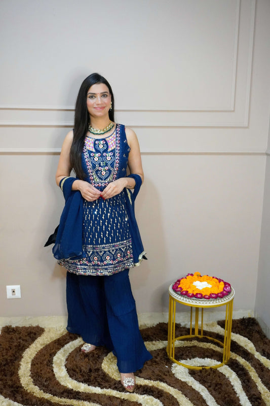 Blue Colour Thread & Sequence Work Kurta with Sharara & Dupatta (Dress have 4 inch of margin both side for alteration as per customer need)