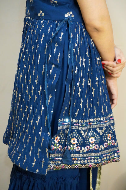Blue Colour Thread & Sequence Work Kurta with Sharara & Dupatta (Dress have 4 inch of margin both side for alteration as per customer need)