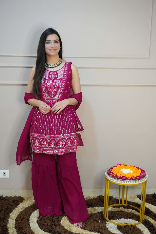 Dark Pink Colour Thread & Sequence Work Kurta with Sharara & Dupatta (Dress have 4 inch of margin both side for alteration as per customer need)