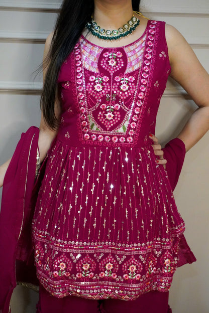 Dark Pink Colour Thread & Sequence Work Kurta with Sharara & Dupatta (Dress have 4 inch of margin both side for alteration as per customer need)