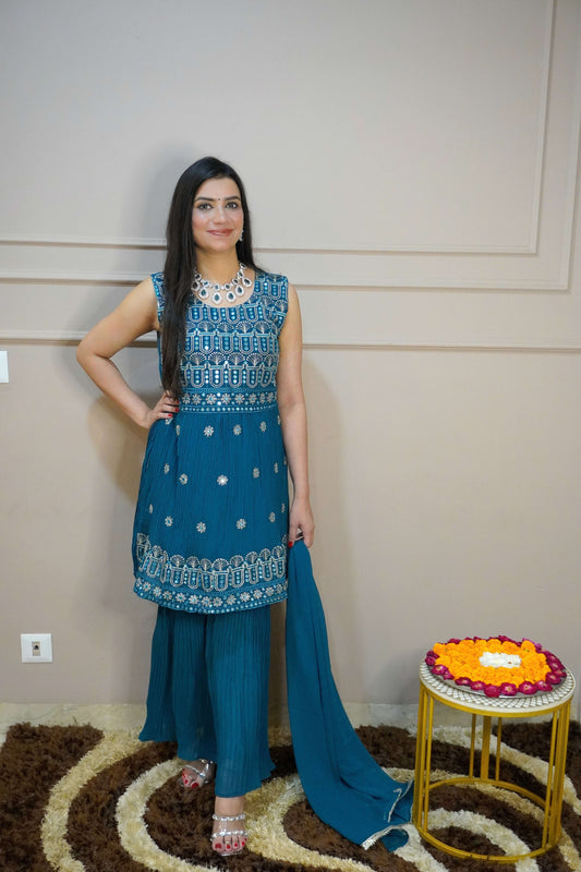 Teal Blue Colour Mirror & Thread Work Kurta with Sharara & Dupatta (Dress have 4 inch of margin both side for alteration as per customer need)