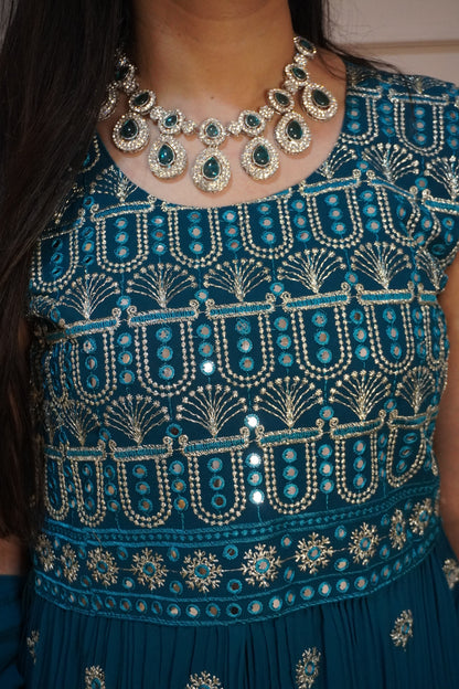 Teal Blue Colour Mirror & Thread Work Kurta with Sharara & Dupatta (Dress have 4 inch of margin both side for alteration as per customer need)