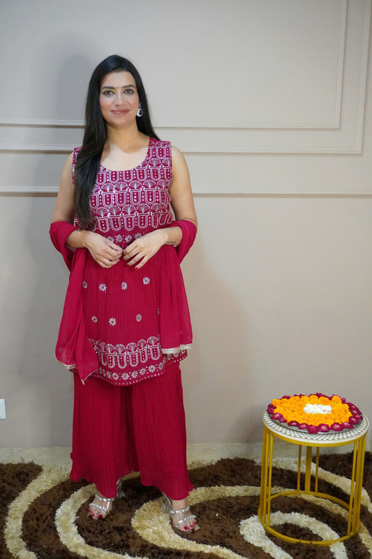 Dark Pink Colour Mirror & Thread Work Kurta with Sharara & Dupatta (Dress have 4 inch of margin both side for alteration as per customer need)