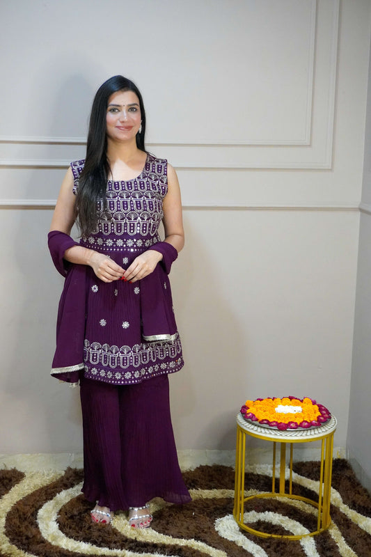 Wine Colour Mirror & Thread Work Kurta with Sharara & Dupatta (Dress have 4 inch of margin both side for alteration as per customer need)