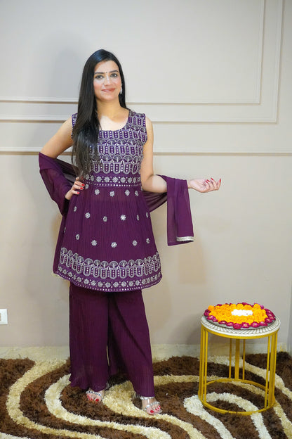 Wine Colour Mirror & Thread Work Kurta with Sharara & Dupatta (Dress have 4 inch of margin both side for alteration as per customer need)