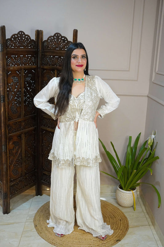 Off White Colour Palazzo with Crop Top and Designer Shrug (Dress have 4 inch of margin both side for alteration as per customer need)