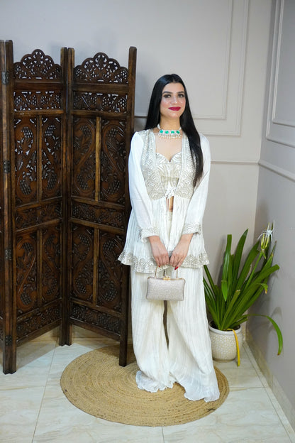 Off White Colour Palazzo with Crop Top and Designer Shrug (Dress have 4 inch of margin both side for alteration as per customer need)