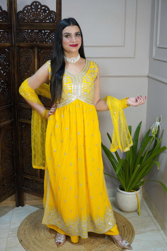 Women Sleeveless Yellow Colour Nyra Cut Kurta With Flare Palazzo & Magenta Colour Sequence Work Dupatta.  (4 Inch margin in kurta, customer can alter as per their size)