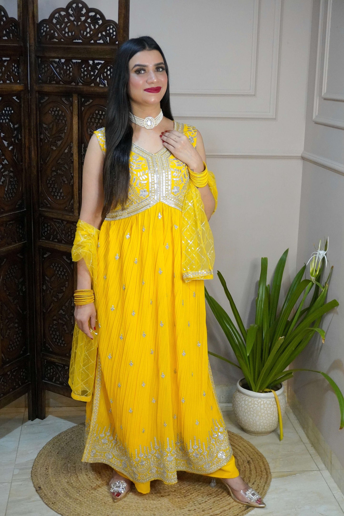 Women Sleeveless Yellow Colour Nyra Cut Kurta With Flare Palazzo & Magenta Colour Sequence Work Dupatta.  (4 Inch margin in kurta, customer can alter as per their size)