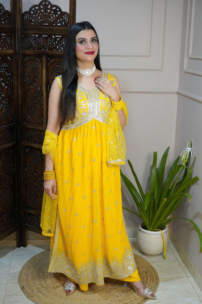 Women Sleeveless Yellow Colour Nyra Cut Kurta With Flare Palazzo & Magenta Colour Sequence Work Dupatta.  (4 Inch margin in kurta, customer can alter as per their size)