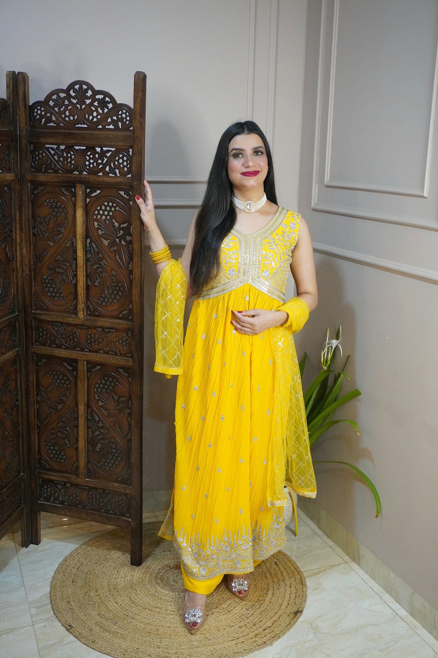 Women Sleeveless Yellow Colour Nyra Cut Kurta With Flare Palazzo & Magenta Colour Sequence Work Dupatta.  (4 Inch margin in kurta, customer can alter as per their size)