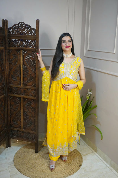 Women Sleeveless Yellow Colour Nyra Cut Kurta With Flare Palazzo & Magenta Colour Sequence Work Dupatta.  (4 Inch margin in kurta, customer can alter as per their size)