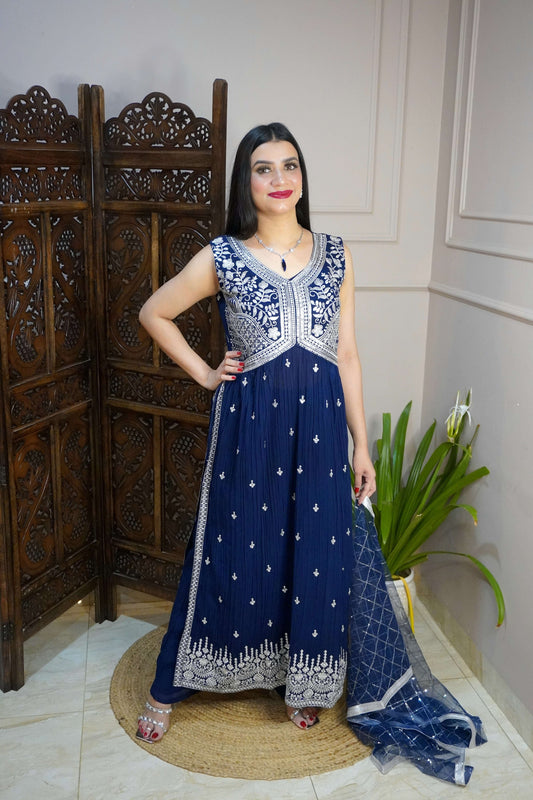 Women Sleeveless Navy Blue Colour Nyra Cut Kurta With Flare Palazzo & Magenta Colour Sequence Work Dupatta.  (4 Inch margin in kurta, customer can alter as per their size)
