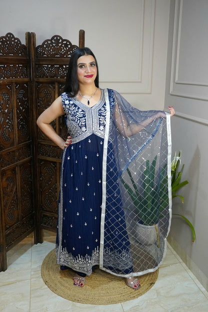 Women Sleeveless Navy Blue Colour Nyra Cut Kurta With Flare Palazzo & Magenta Colour Sequence Work Dupatta.  (4 Inch margin in kurta, customer can alter as per their size)