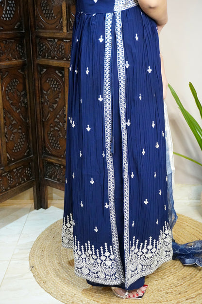 Women Sleeveless Navy Blue Colour Nyra Cut Kurta With Flare Palazzo & Magenta Colour Sequence Work Dupatta.  (4 Inch margin in kurta, customer can alter as per their size)