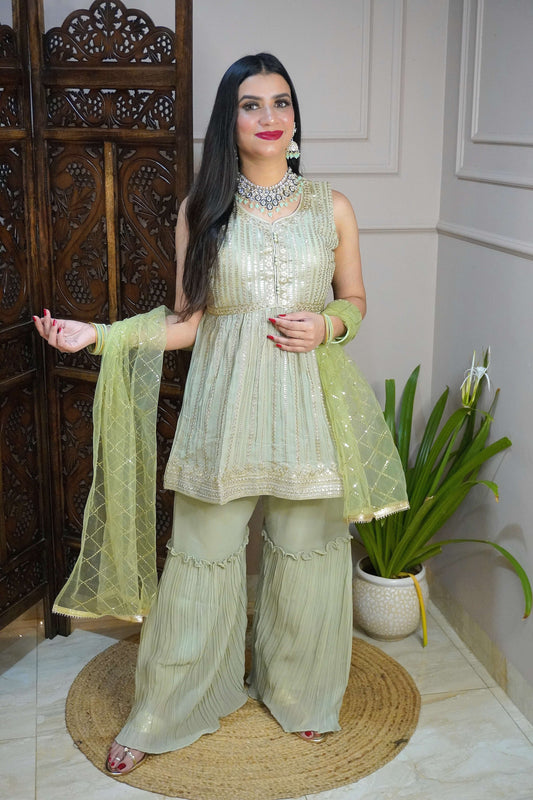 Pista Green Colour Sequence & Thread Work Kurta with Sharara & Dupatta (Dress have 6 inch of margin both side for alteration as per customer need)