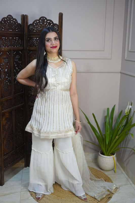 Off White Colour Sequence & Thread Work Kurta with Sharara & Dupatta (Dress have 6 inch of margin both side for alteration as per customer need)