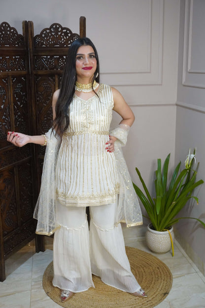 Off White Colour Sequence & Thread Work Kurta with Sharara & Dupatta (Dress have 6 inch of margin both side for alteration as per customer need)