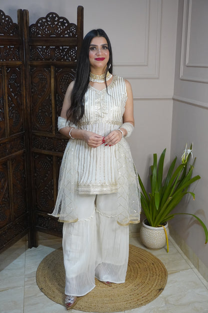 Off White Colour Sequence & Thread Work Kurta with Sharara & Dupatta (Dress have 6 inch of margin both side for alteration as per customer need)