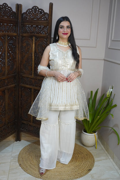 Off White Colour Sequence & Thread Work Kurta with Sharara & Dupatta (Dress have 6 inch of margin both side for alteration as per customer need)