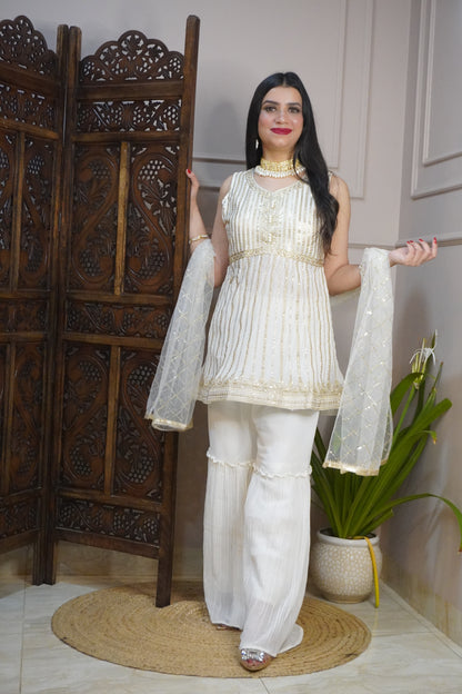 Off White Colour Sequence & Thread Work Kurta with Sharara & Dupatta (Dress have 6 inch of margin both side for alteration as per customer need)
