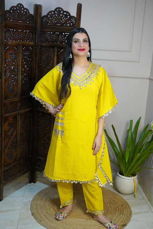 Mustard yellow Colour Gota and Mirror Work Kaftan Set With Pocket