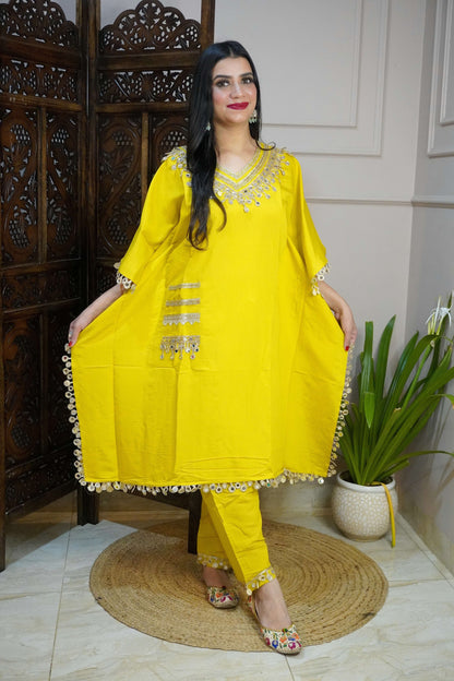 Mustard yellow Colour Gota and Mirror Work Kaftan Set With Pocket