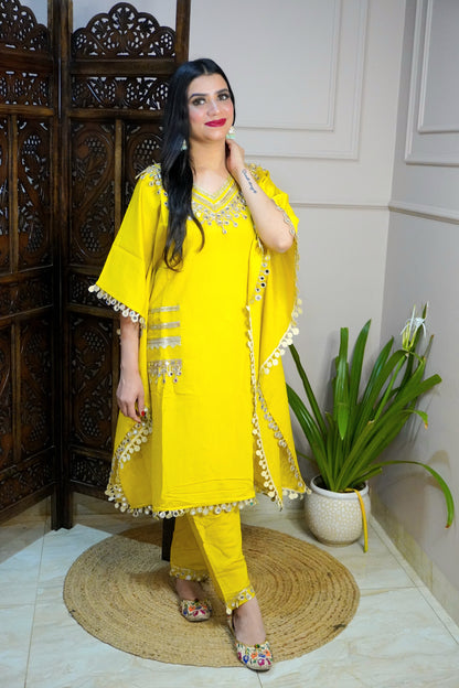Mustard yellow Colour Gota and Mirror Work Kaftan Set With Pocket