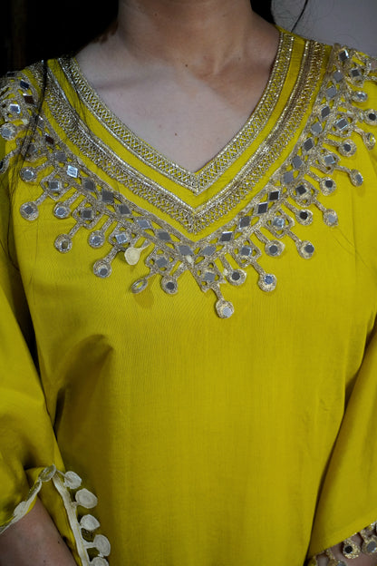 Mustard yellow Colour Gota and Mirror Work Kaftan Set With Pocket