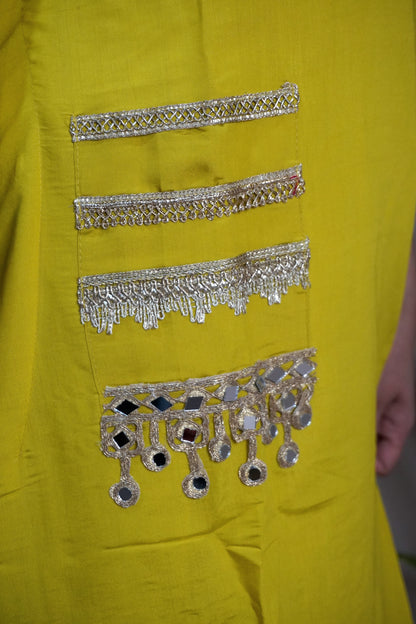 Mustard yellow Colour Gota and Mirror Work Kaftan Set With Pocket